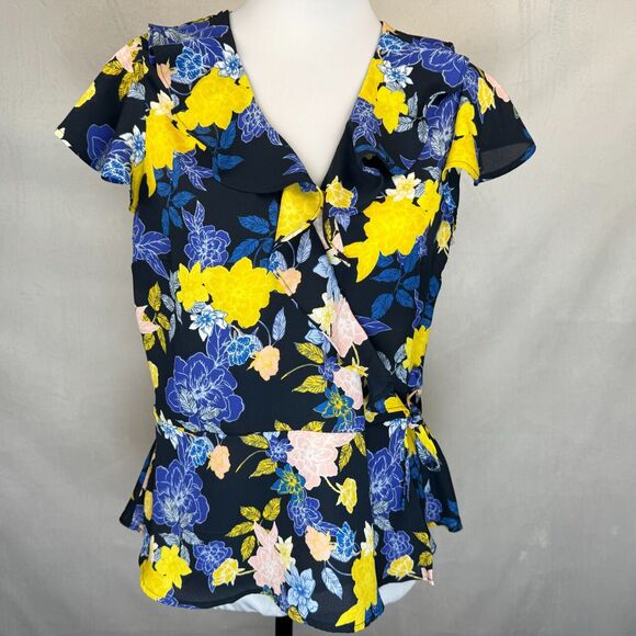 Banana Republic Tops - Banana Republic Wrap Blouse Sz S Black Floral Ruffle Design Cap Sleeve